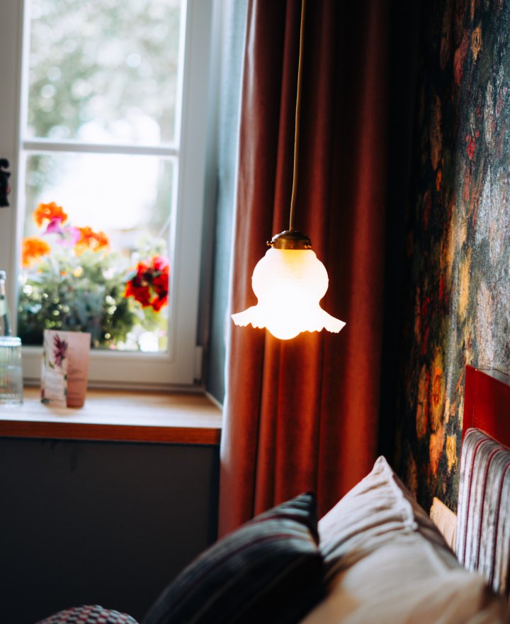 Hotelkamer met raam, gordijnen en een donkerrode wand met bloemen op de vensterbank, door cestsjoukje