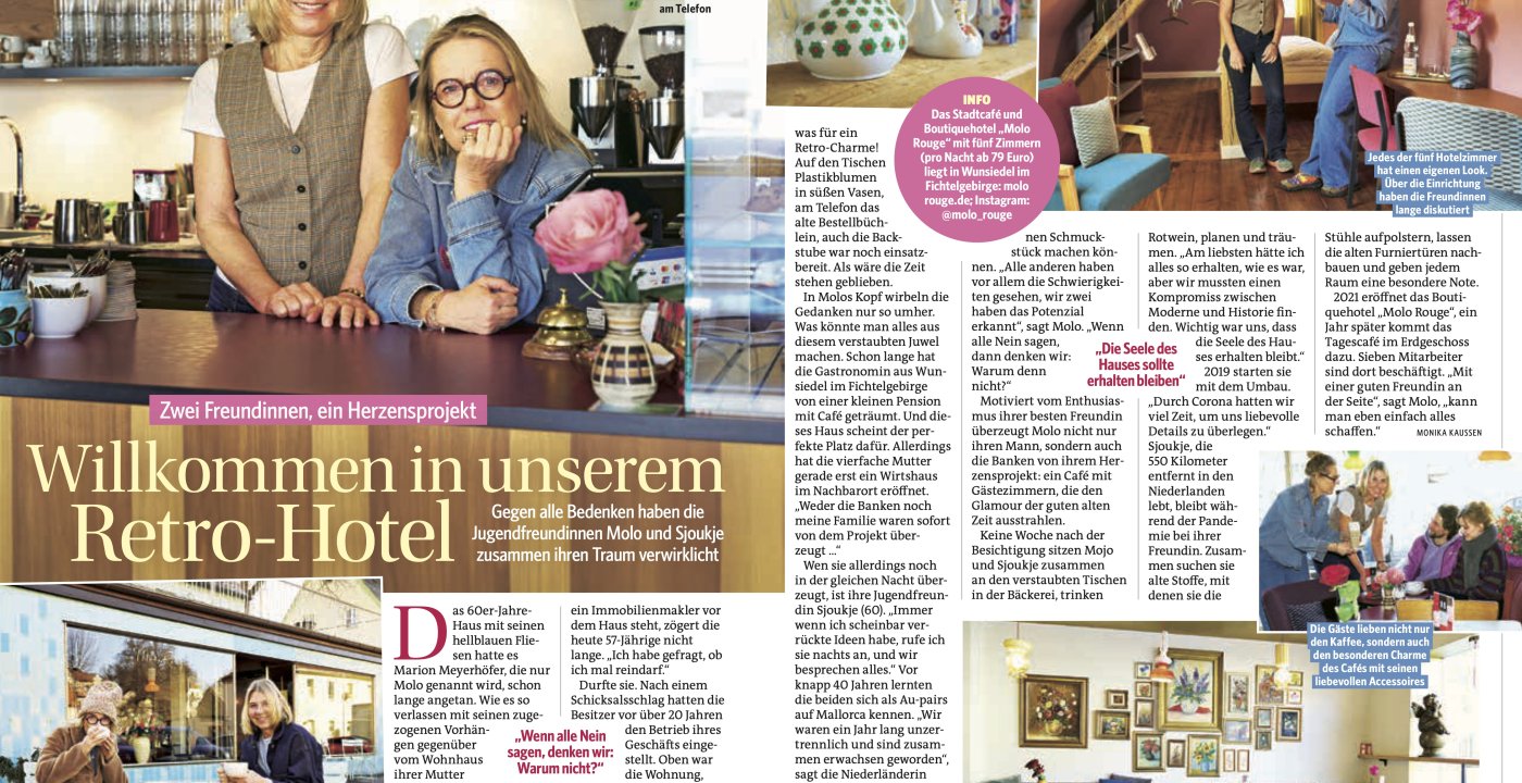 Persartikel in Bild der Frau 2025 over het retro-interieur van boutiquehotel Molo Rouge